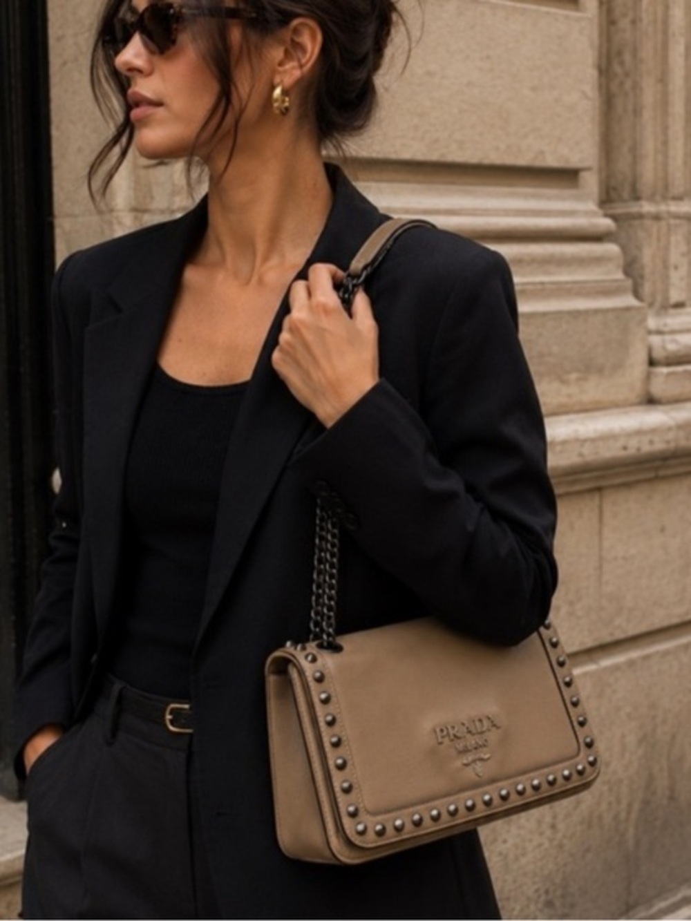 PRADA PATTINA GLACE STUDDED BAG CALFSKIN BEIGE /BLACK HARDWARE